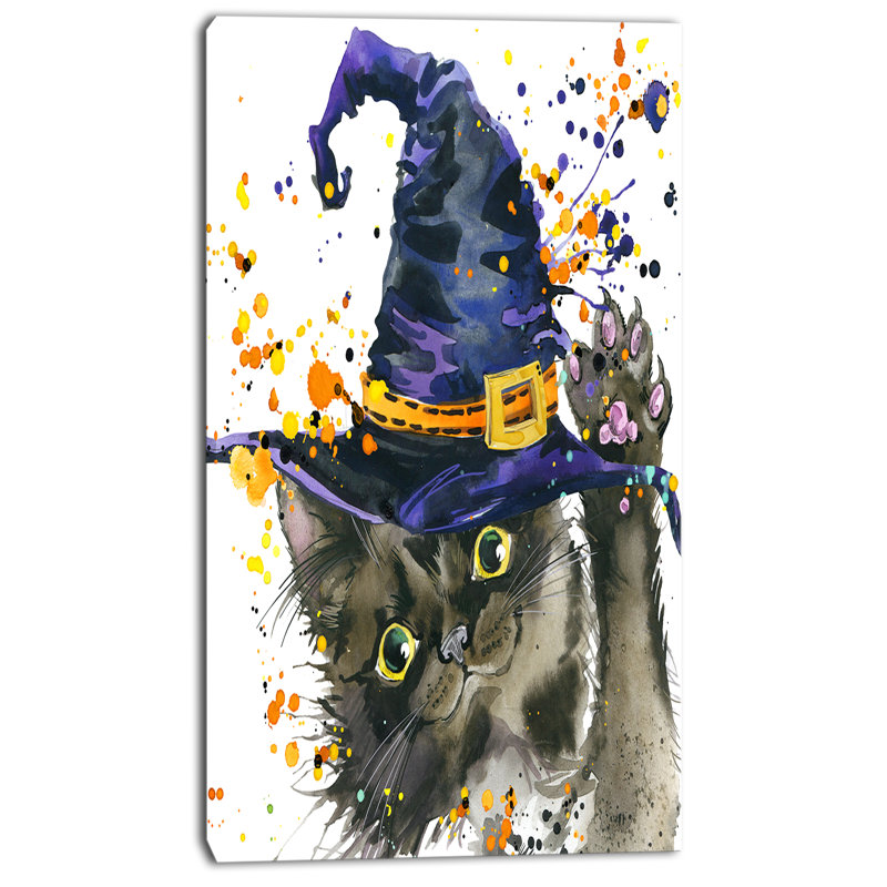 «Halloween Cat and Witch Hat», reproduction d'art sur toile tendue, H 32 po x l 16 po x P 1 po, Toile tendue