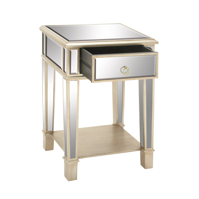 Beige Mirrored Fir Wood Accent Table with Storage