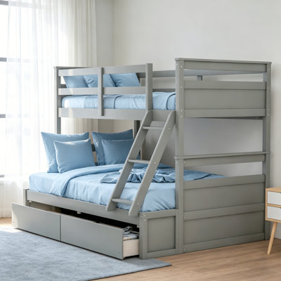 Lit superposé simple au-dessus d'un lit double avec rangement intégré, finition grise pour une solution de couchage polyvalente et peu encombrante