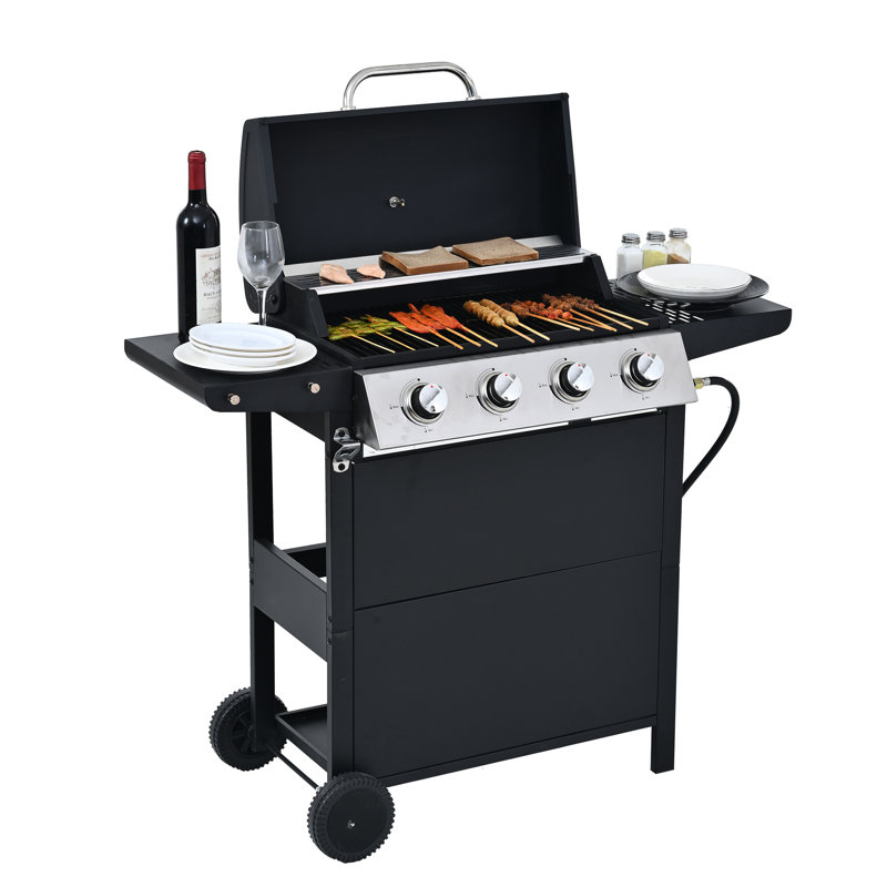 Barbecue au propane à 4 brûleurs, en acier inoxydable 34 000, avec couvercle, deux tablettes et roues transportables pour la terrasse