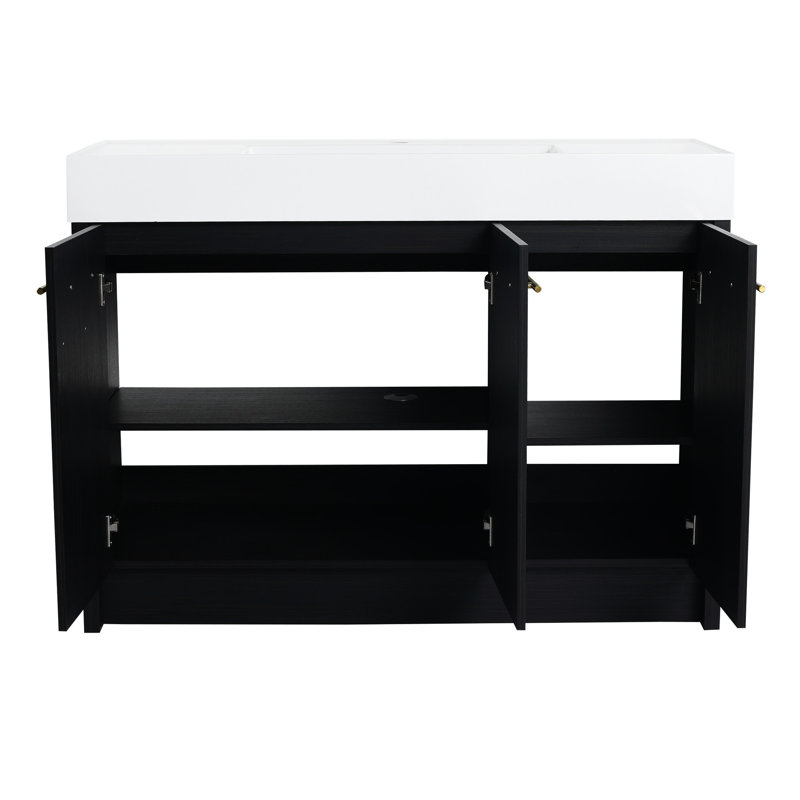 Meuble-lavabo autoportant 48 po avec lavabo en résine, porte transparente, élément moderne, exposition châtaignier noir, accessoire en contreplaqué