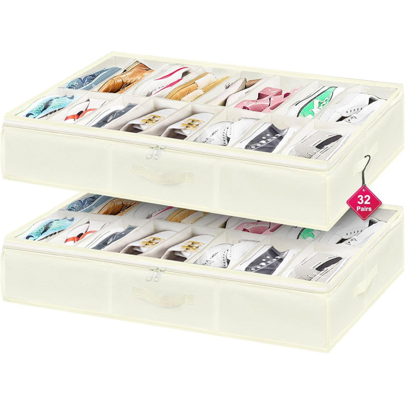 32 Pairs Shoe Organizer Under Bed, Sturdy Underbed Shoe Storage Boxes Bins, Organizador De Zapatos, Zapateras Organizer, Beige, Set Of 2