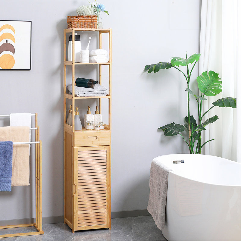 Tall Bathroom Cabinet With Drawer And Slatted Shelves, Slim Bamboo Linen Tower With Louvered Door, Natural