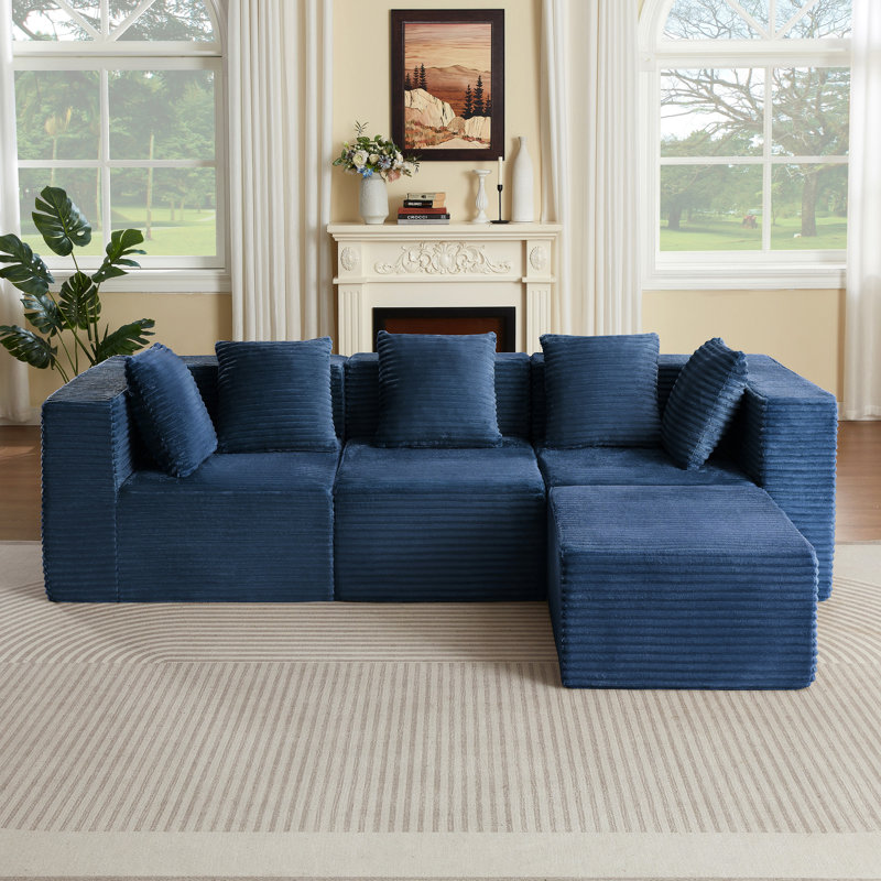 Canapés sans ossature apparente pour salon, canapé d'angle modulaire moderne, Blue Corduroy, 26.7" H x 102.3" W x 65" D