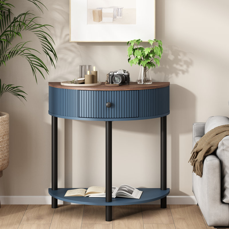  Charlbury 31"W Half-Round Solid Wood Console Table with Fluted Drawers, Brown/Blue/Black