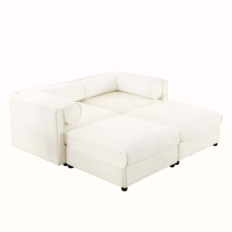 Élégant canapé 2 places en chenille blanc avec rangement pour 2 repose-pieds, dossier cylindrique et accoudoirs, causeuse moderne en tissu avec rangement dissimulé