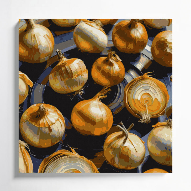 Légumes, oignon, art mural sur toile brune, 8" H x 8" W