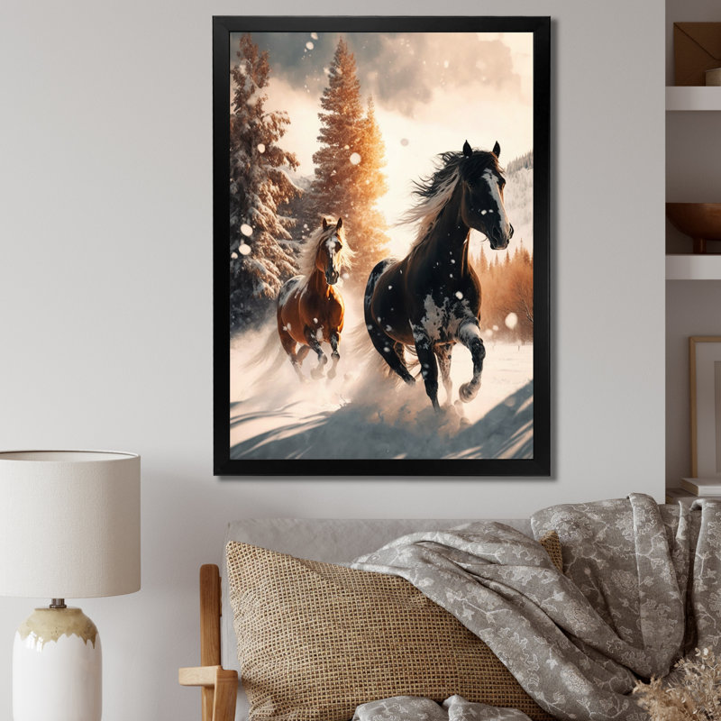 Scène hivernale de chevaux sauvages au galop I, Cadre simple noir, H 20 po x l 12 po x P 1 po