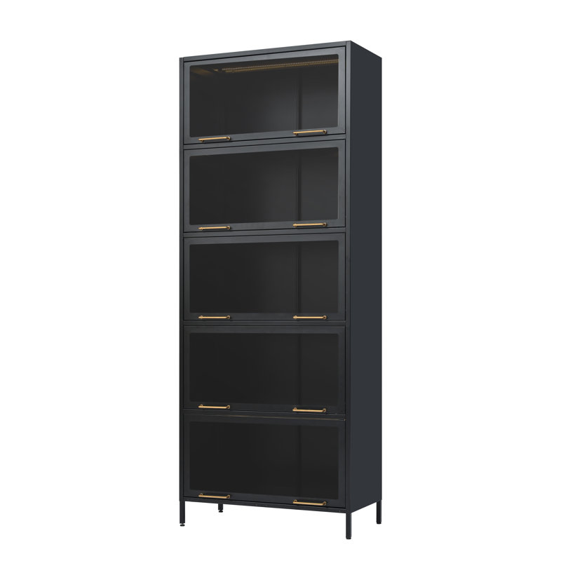 79" Tall Iron Display Cabinet With Glass Doors, 5-Tier Steel Barister Bookcase With LED Lights For Collectibles, Modern Style Curio Cabinet For Home Living Room Office Study & Playroom - Black