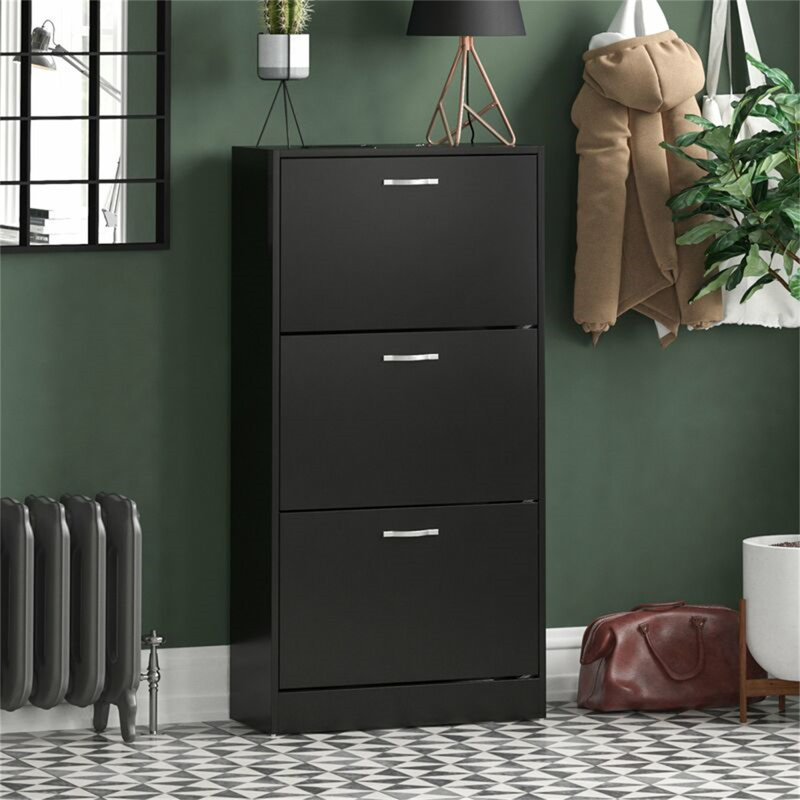Vida 3 Drawer Flip Down Shoe Storage Free Standing Cabinet For Hallway, Black, 118" H x 60" W x 24" D