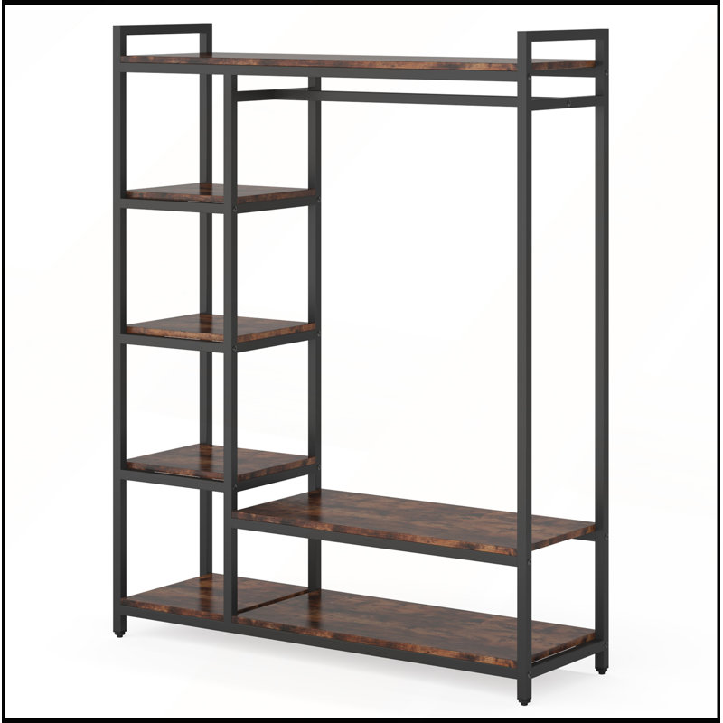 Organisateur de garde-robe autoportant 47,24 pouces brun rustique avec 6 tablettes de rangement et barre de suspension