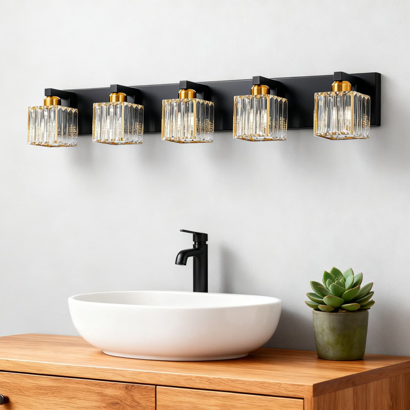 Crystal Vanity Light Fixture, Modern Bathroom Lighting With Square Shades For Over Mirror Wall Mount, Dimmable E26 Socket