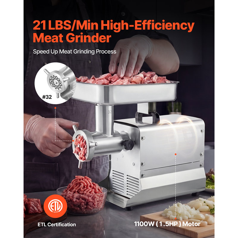 Commercial Meat Grinder, 21 Lbs/Min Capacity, #32 Electric Meat Mincer with 3 Plates, 3 Sausage Stuff Tubes, 1100W/1.5HP Stainless Steel Sausage Maker for Home Kitchens & Restaurants, ETL Listed