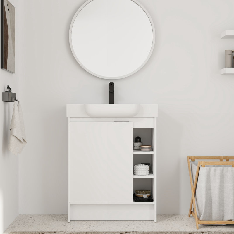 Meuble-lavabo simple 28 po avec comptoir en céramique 28 po, Blanc lustré