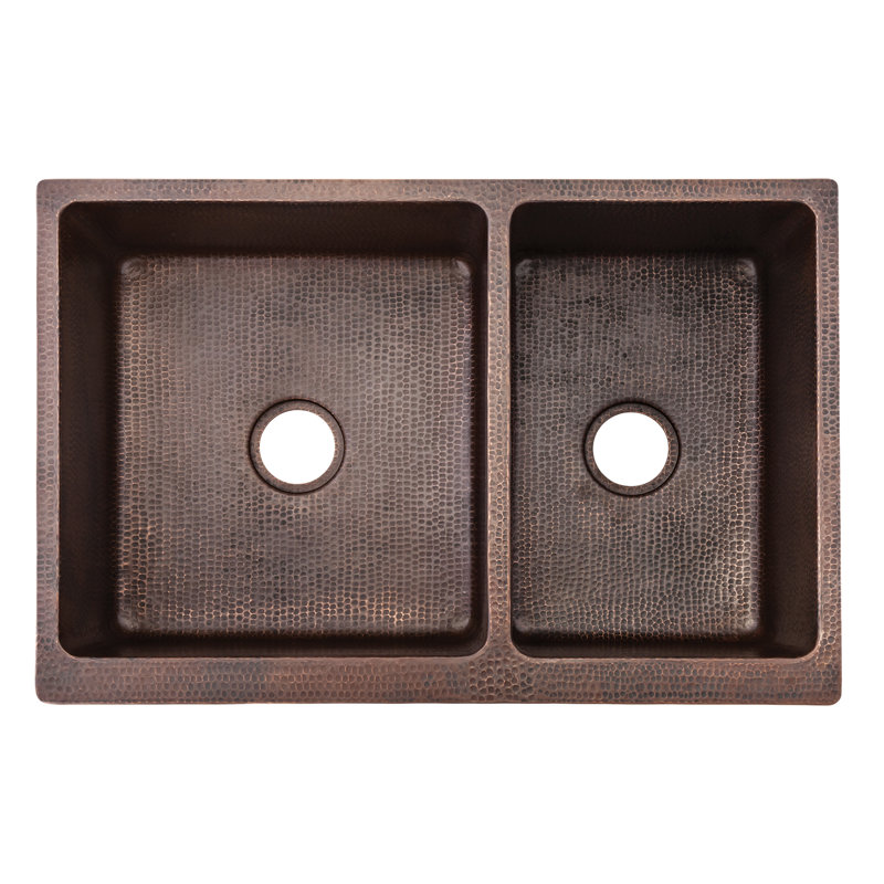 33" Hammered Copper Kitchen Apron 60/40 Double Basin Sink w/ Scroll Design with Matching Drains, and Accessories