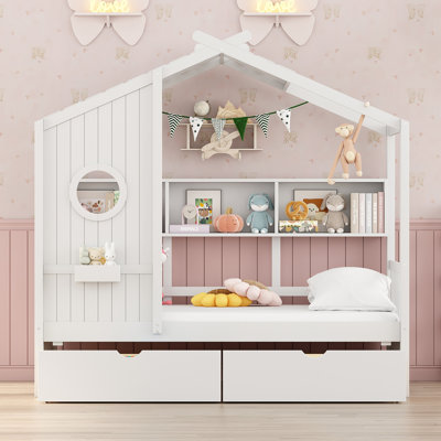 Lit simple en bois avec 2 tiroirs, lit pour enfant avec tablette de rangement, blanc