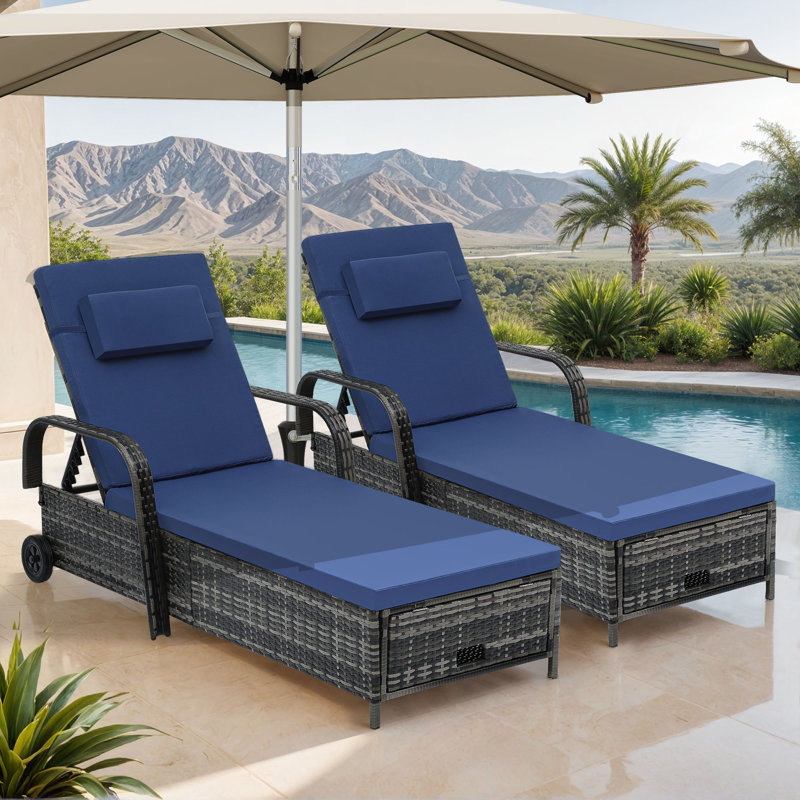 Chaise longue inclinable en osier avec rangement, Gris, Bleu