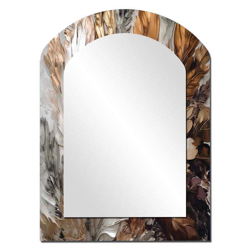 Gold Feather Extravaganza IV - Glam Feather Arch Decorative Mirror, Modern Asymmetrical Wall Mirror, Printed Metal Art