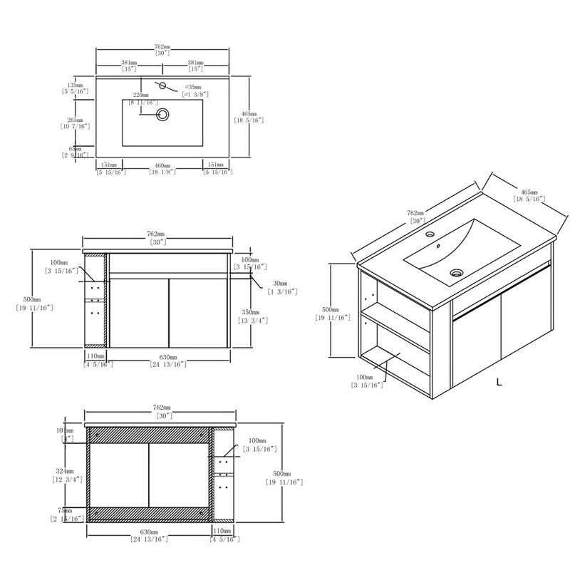 Meuble-lavabo flottant 30 po avec lavabo, porte à fermeture en douceur, lavabo en céramique, contreplaqué (gris), Grey, Grey