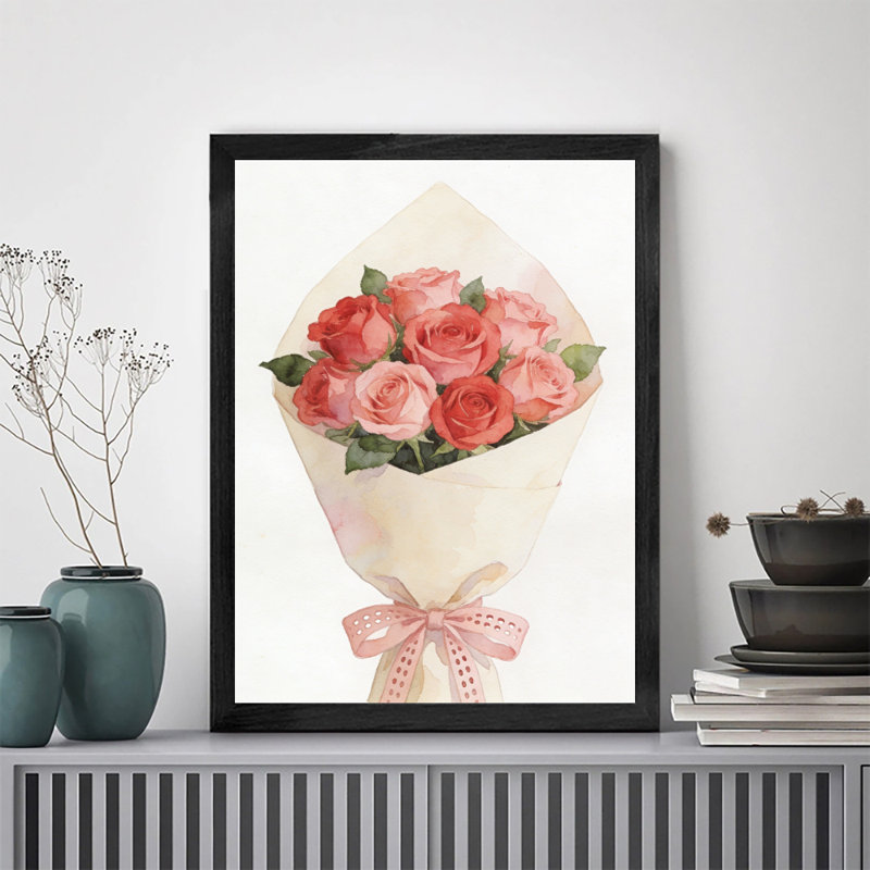 Noir encadré la Saint-Valentin - aquarelle, bouquet de roses, impression sur toile de style aquarelle, H 11 po x l 9 po