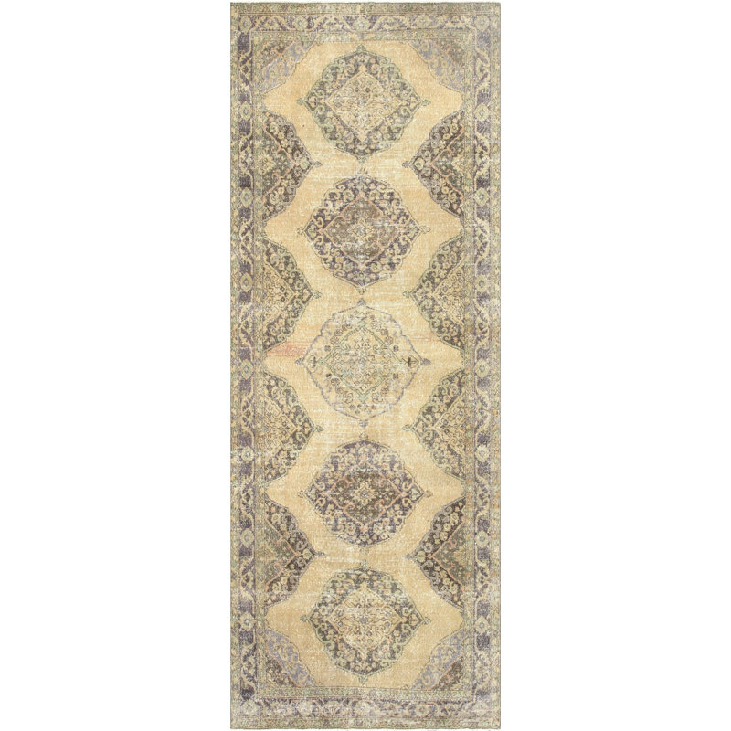 Tapis de couloir unique en laine noué à la main de style années 1960 de 4 pi 7 po x 12 pi 7 po gris / jaune