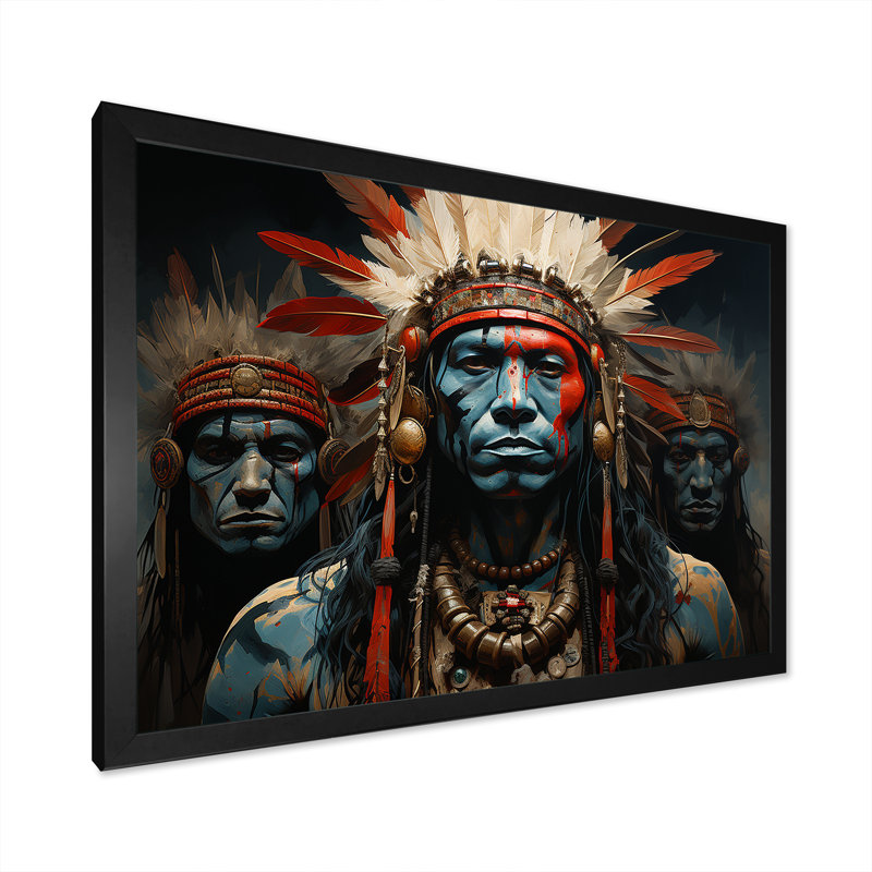Native War Traditional Warrior sur toile, Cadre simple noir, H 34 po x l 44 po x P 1,5 po