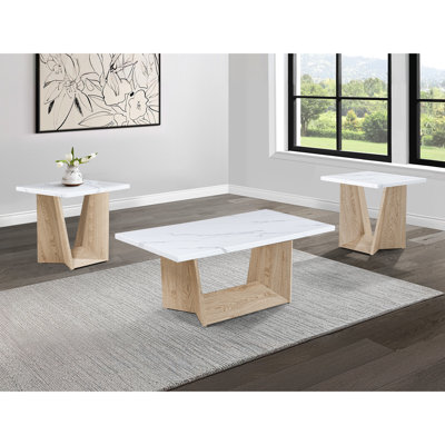 Collection de tables de cocktail 3 pièces de luxe avec surface en faux marbre blanc et finition en chêne angulaire pour la conception intérieure de la maison