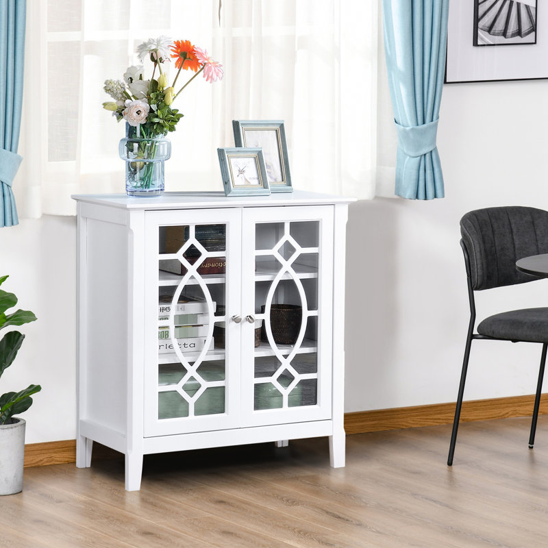 Buffet de rangement pour la cuisine, armoire blanche avec tablettes réglables et buffet en verre