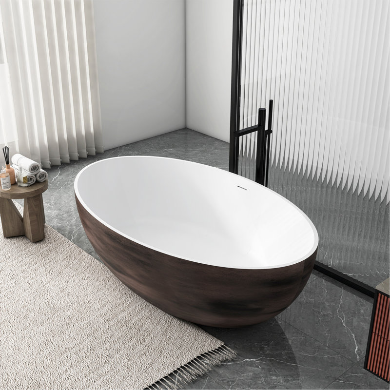 Baignoire de trempage autoportante à surface solide de 67 pouces pour salle de bain, Noyer