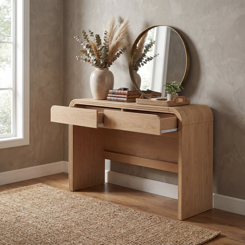 Curved Edge 47.24" Width MDF Console Table With 2 Drawers Storage Entryway Table, Natural Wood