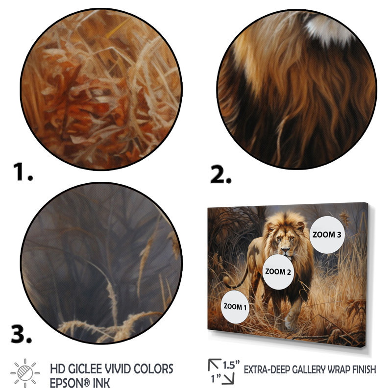 Lion réaliste réaliste II - Lion, art mural, H 30 po x l 40 po x P 1,5 po, Cadre flottant blanc