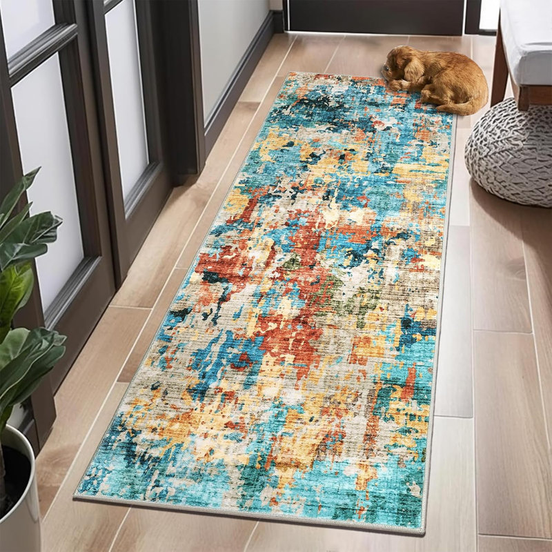 9x12 Area Rug, Modern Abstract, Washable, Non-Slip, Thin Soft Large Area Rug for Living Room, Bedroom, Dining Room, Blue.