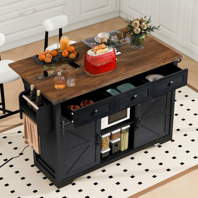 Black 53.7-Inch Farmhouse-Style Kitchen Island With Barn Door And Outlets, Folding Tabletop + Movable Spice Rack.