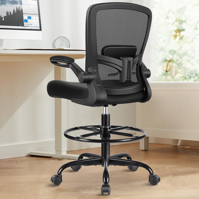 Mesh Drafting Chair Tall Office Chair With Adjustable Footrest Ring, Black, Black