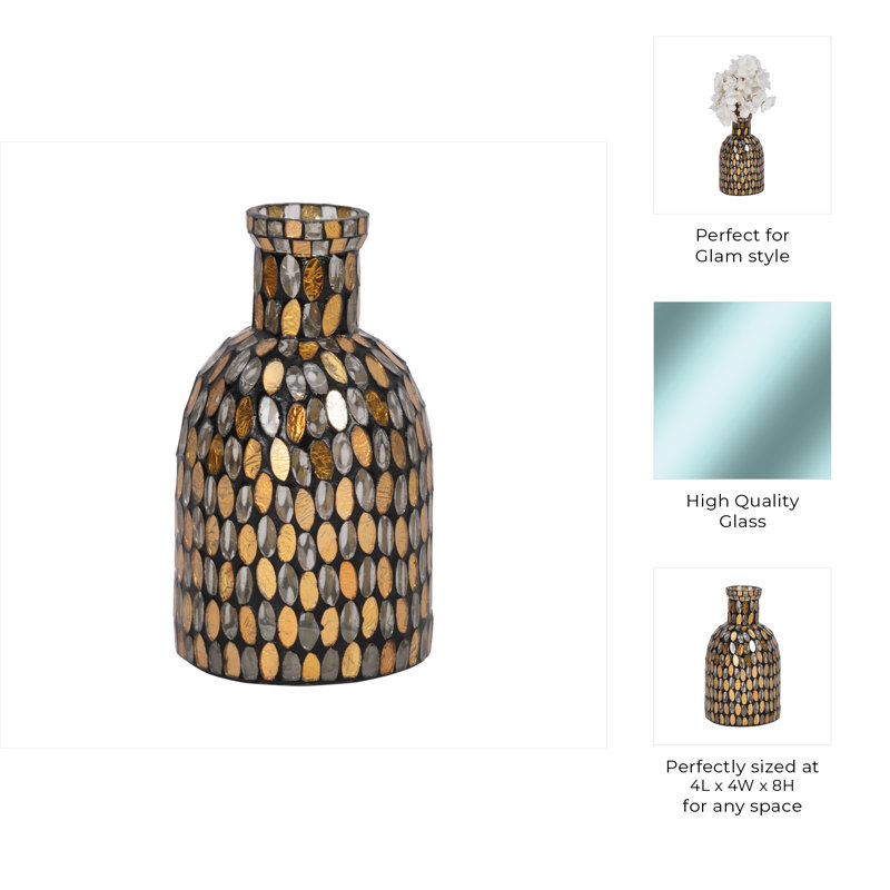 Vase en verre, Mosaïque bronze / cuivre, H 8 po x l 4 po x P 4 po