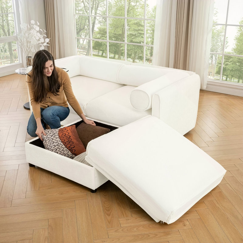 Élégant canapé 2 places en chenille blanche avec siège de rangement repose-pieds, dossier cylindrique et accoudoirs, causeuse moderne en tissu avec espace de rangement caché