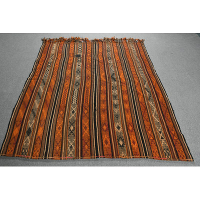 Tapis classique kilim turc classique avec des rayures orange uniques et un motif complexe tissé à la main