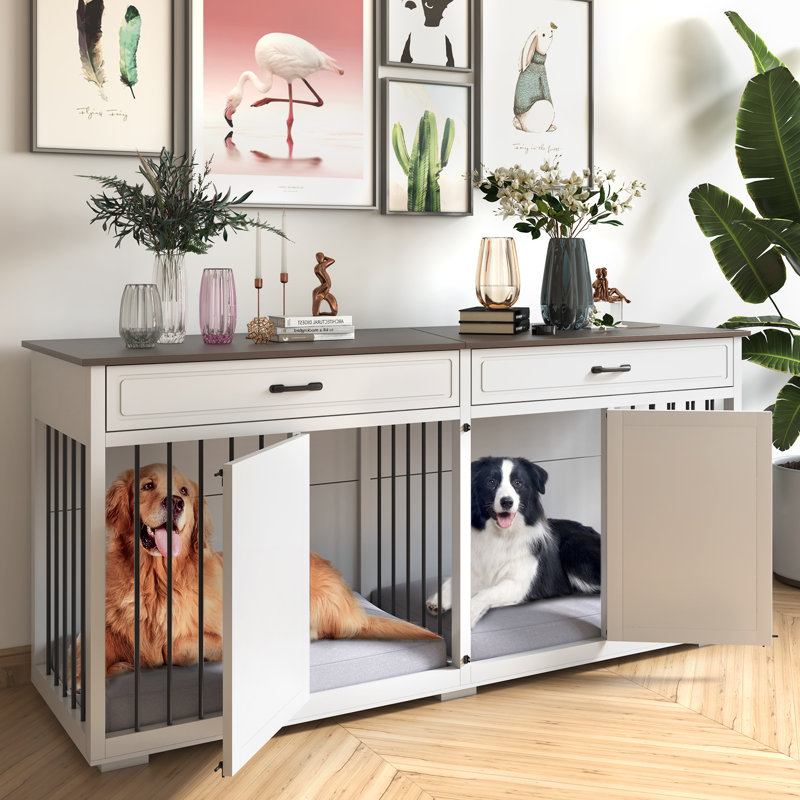 White Wooden Dog Crate with Room Divider and Drawers
