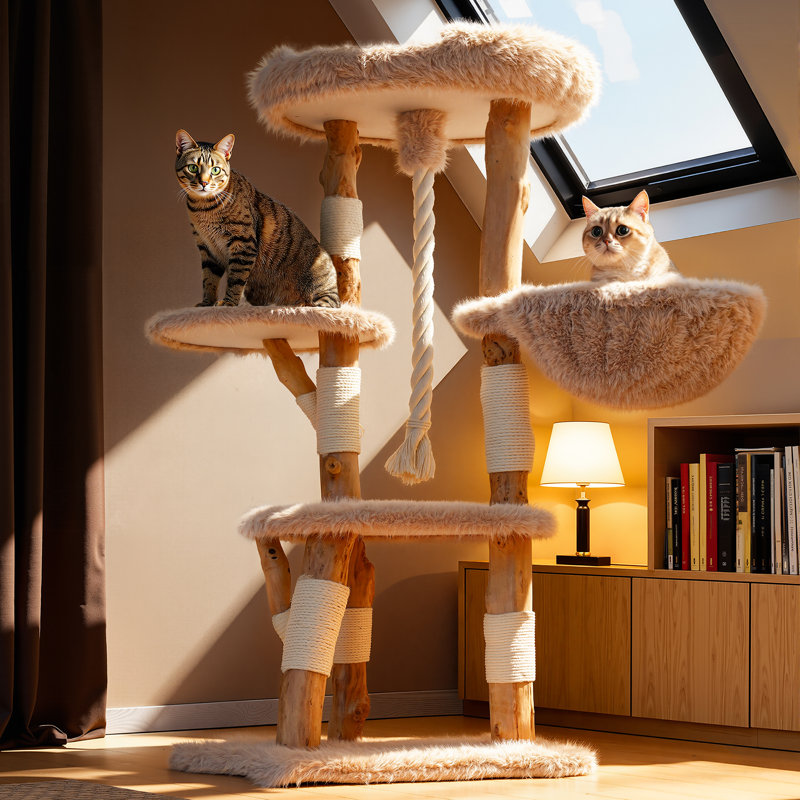 Artisan Solid Wood Branch Cat Tree for Large Maine Coons & Multi-Cat Homes, 56"H, Beige