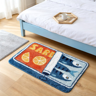 Tapis de bain, tapis mignon de poisson et de citron antidérapant doux et lavable (bleu)