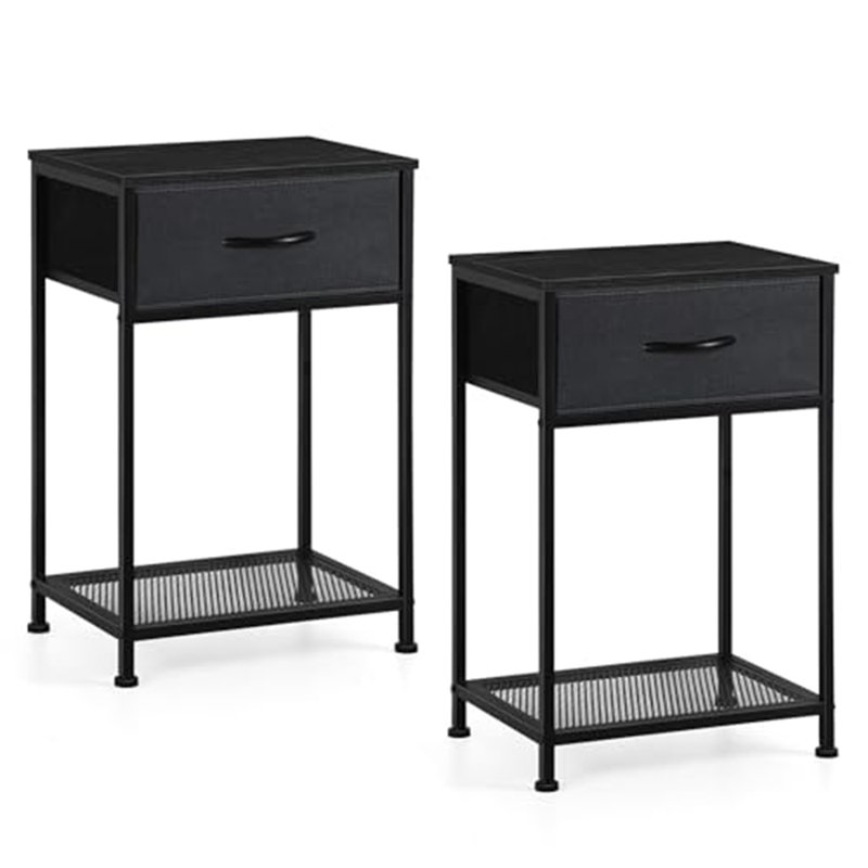 Table de chevet industrielle 2PACK avec tiroir en tissu et tablette en filet métallique, table d'appoint en métal noir
