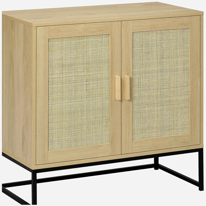 Armoire décorative, buffet avec portes en rotin, tablette réglable et base en métal, armoire de rangement Boho