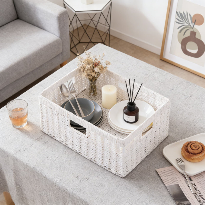 Panier de rangement en corde de papier tissé avec poignées intégrées, bac de rangement décoratif rectangulaire pour tablettes, garde-manger, salle de bain et bureau personnel