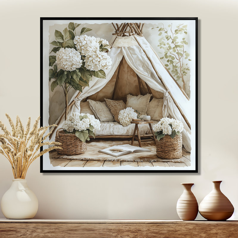 Doster Boho Hydrangeas In A Boho Tent II - Hydrangea Wall Art, Impression encadrée flottante, Noir, H 16 po x l 16 po