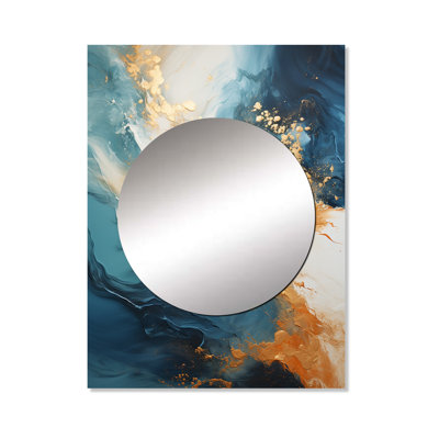 Yanal Modern Coastal Blue And Gold River - Ocean Mirror, Turquoise Decorative Wall Mirror, Printed Metal Art