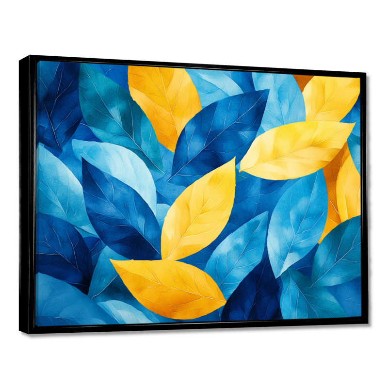 Bleu, jaune, numérique, feuilles, feuilles II - feuilles, art mural, H 16 po x l 32 po, Impression encadrée flottante, Noir