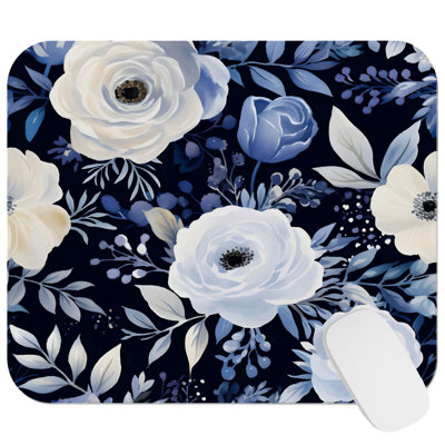 Floral Navy Blue Flowers Pattern IV Flower Cottage Gaming Cute Office Laptop Desk Pad Gift Mat Square Rectangle Non-Slip Mousepad