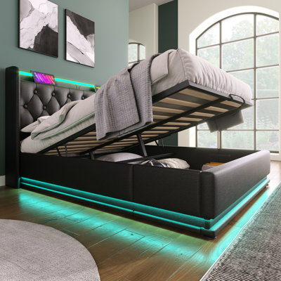 Full Size Upholstered Bed, 360 Surround Led, Hydraulic Storage Option, Type-c, Black Pu, Style Bed With Led & Type-c