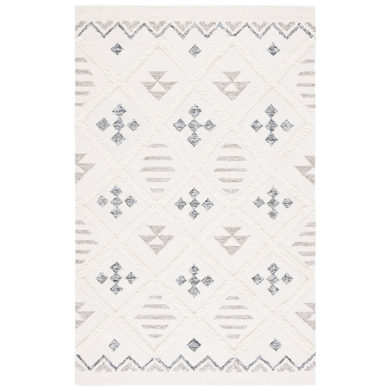 Azaruddin Hand Tufted Wool/Cotton Geometric Rug in Ivory/Black, Rectangle 6' x 9'