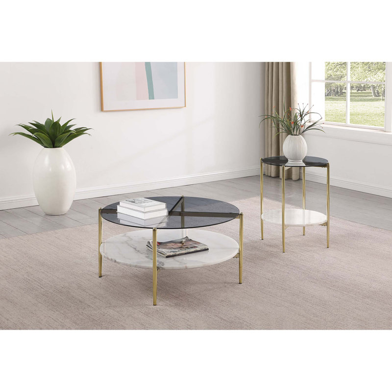 Ensemble de tables basses et de tables rondes modernes 2 pièces avec décorations en verre fumé et marbre